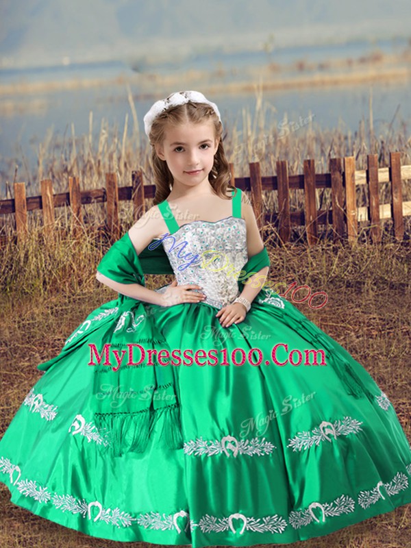 Straps Sleeveless Lace Up Little Girl Pageant Gowns Turquoise Satin