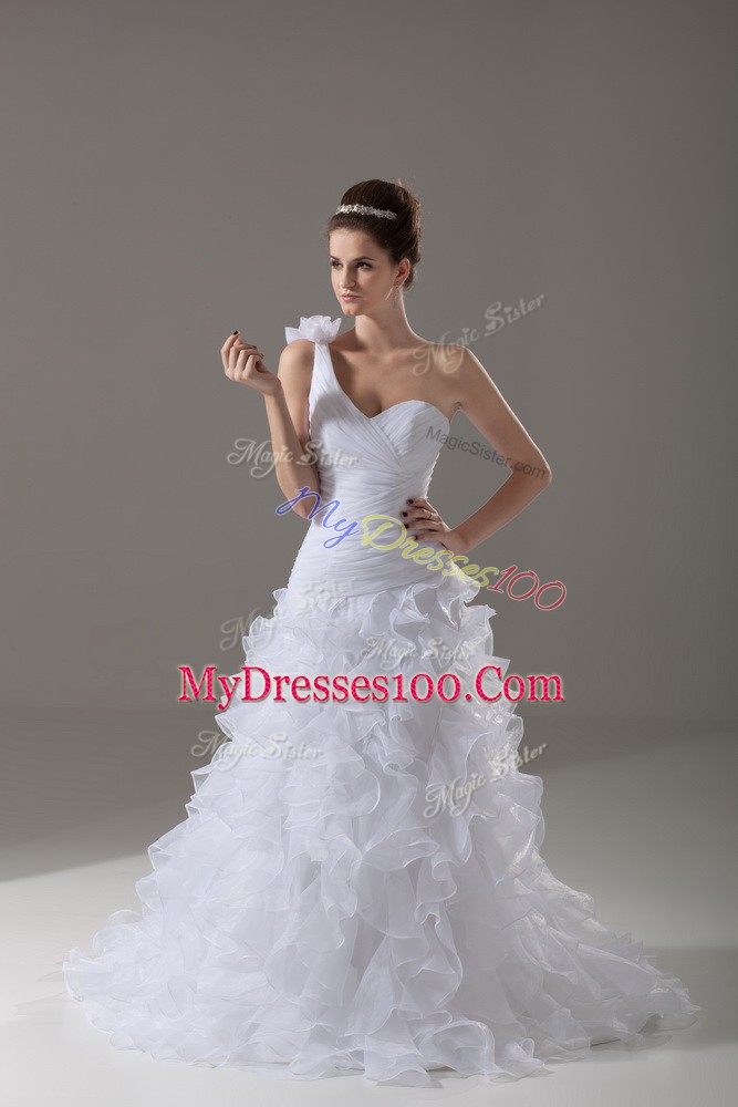 Modest White Sleeveless Brush Train Ruffles and Hand Made Flower Wedding Dress