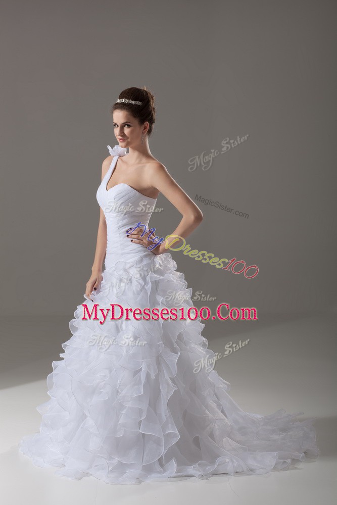 Modest White Sleeveless Brush Train Ruffles and Hand Made Flower Wedding Dress