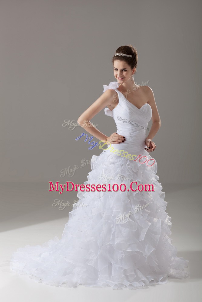 Modest White Sleeveless Brush Train Ruffles and Hand Made Flower Wedding Dress