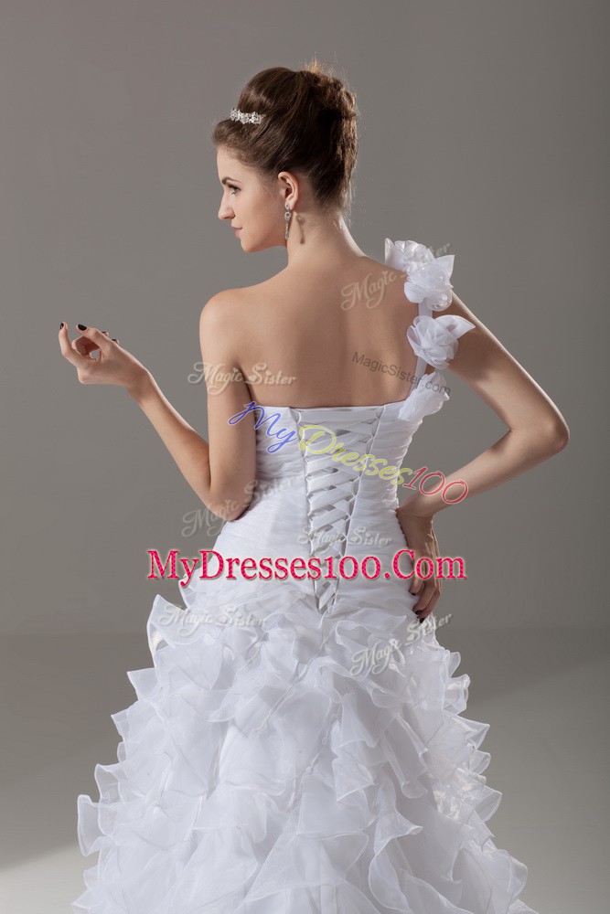 Modest White Sleeveless Brush Train Ruffles and Hand Made Flower Wedding Dress