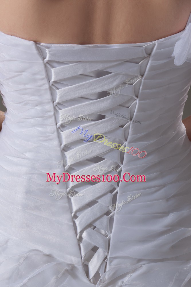 Modest White Sleeveless Brush Train Ruffles and Hand Made Flower Wedding Dress