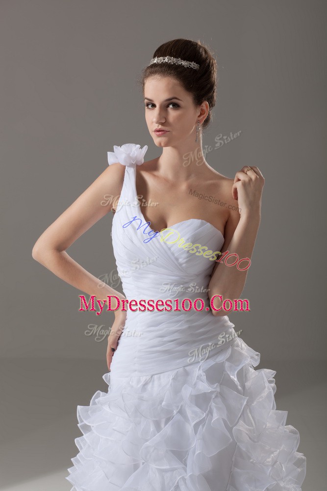 Modest White Sleeveless Brush Train Ruffles and Hand Made Flower Wedding Dress