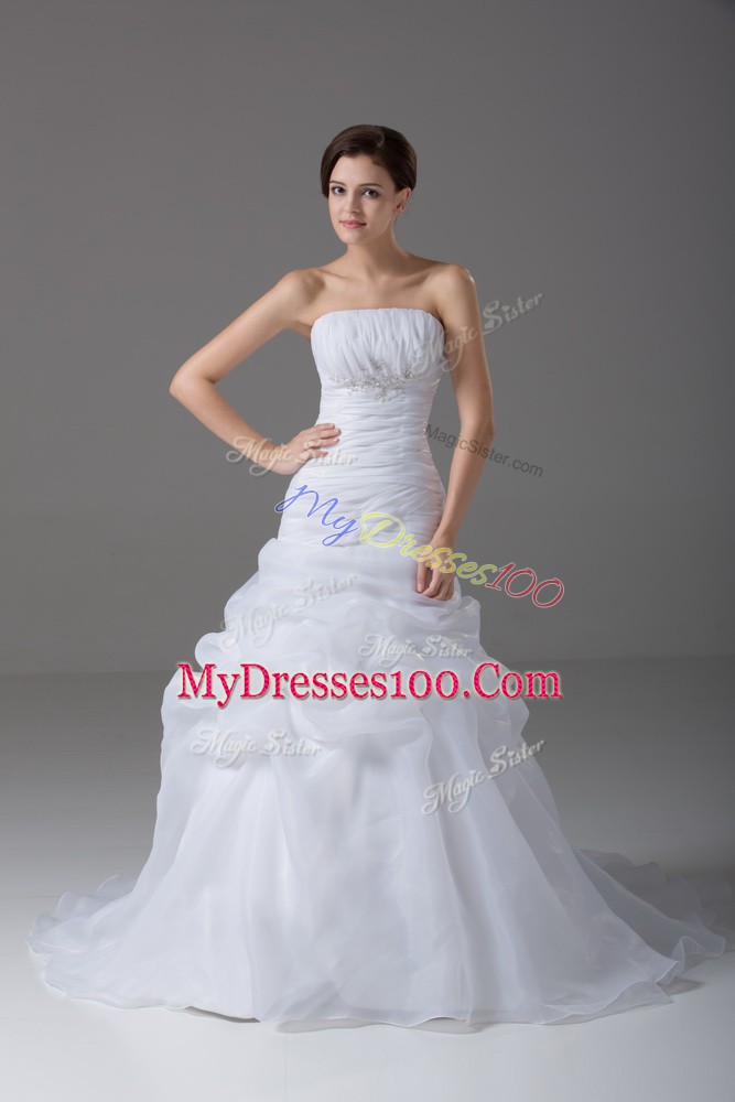 Lace Up Wedding Gowns White for Wedding Party with Beading and Pick Ups Brush Train