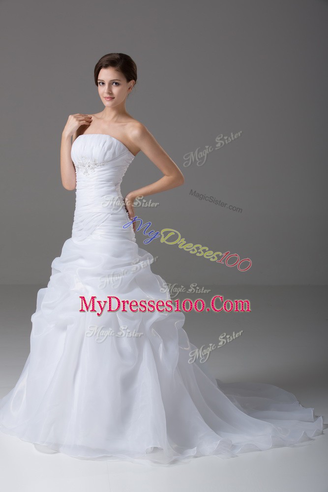 Lace Up Wedding Gowns White for Wedding Party with Beading and Pick Ups Brush Train
