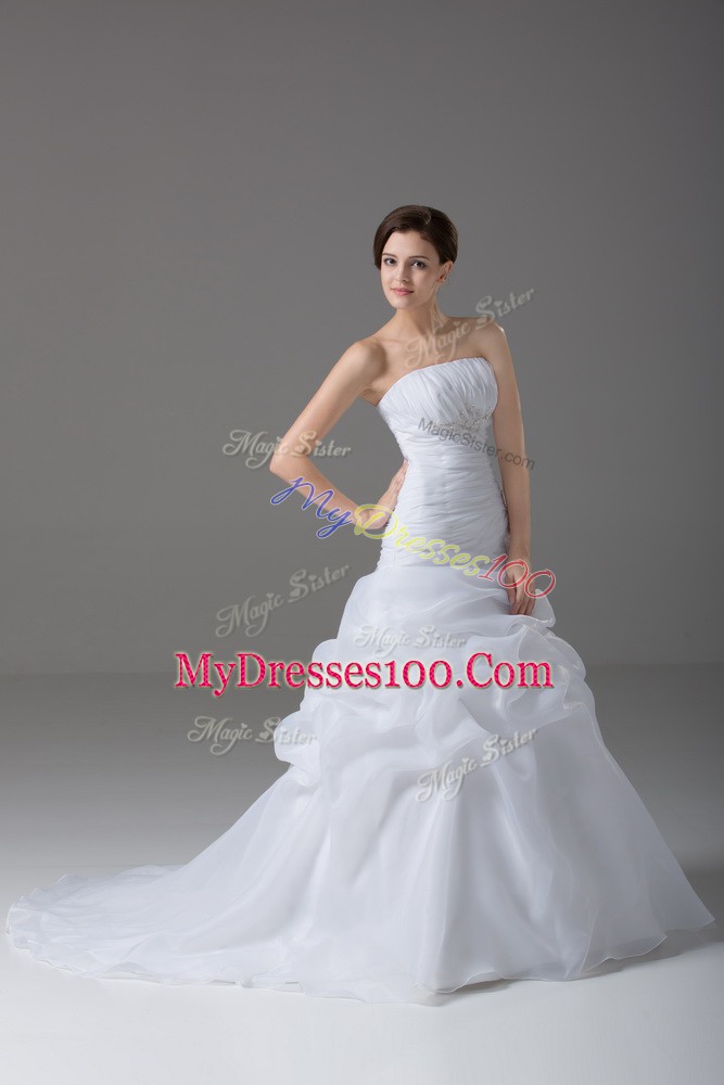 Lace Up Wedding Gowns White for Wedding Party with Beading and Pick Ups Brush Train