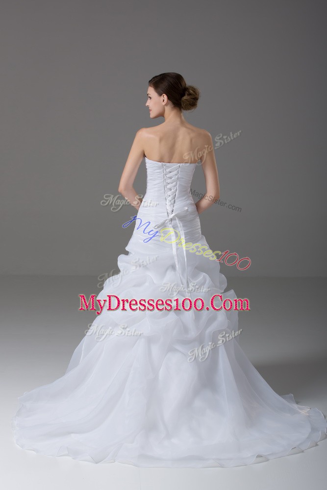 Lace Up Wedding Gowns White for Wedding Party with Beading and Pick Ups Brush Train