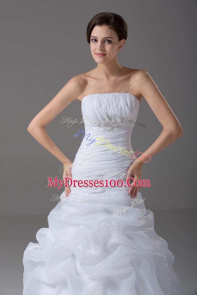 Lace Up Wedding Gowns White for Wedding Party with Beading and Pick Ups Brush Train