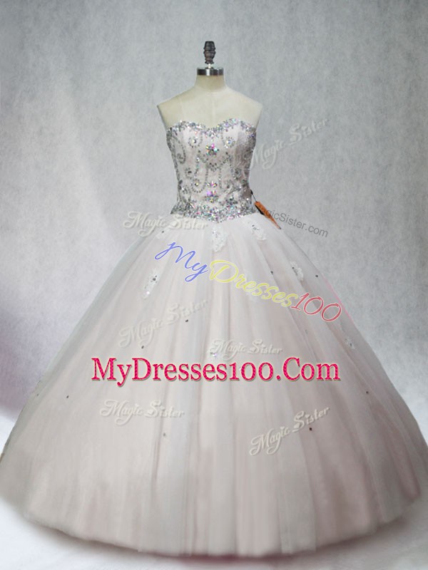 Fashion Sleeveless Tulle Floor Length Lace Up Sweet 16 Quinceanera Dress in White with Beading