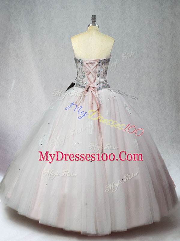 Fashion Sleeveless Tulle Floor Length Lace Up Sweet 16 Quinceanera Dress in White with Beading