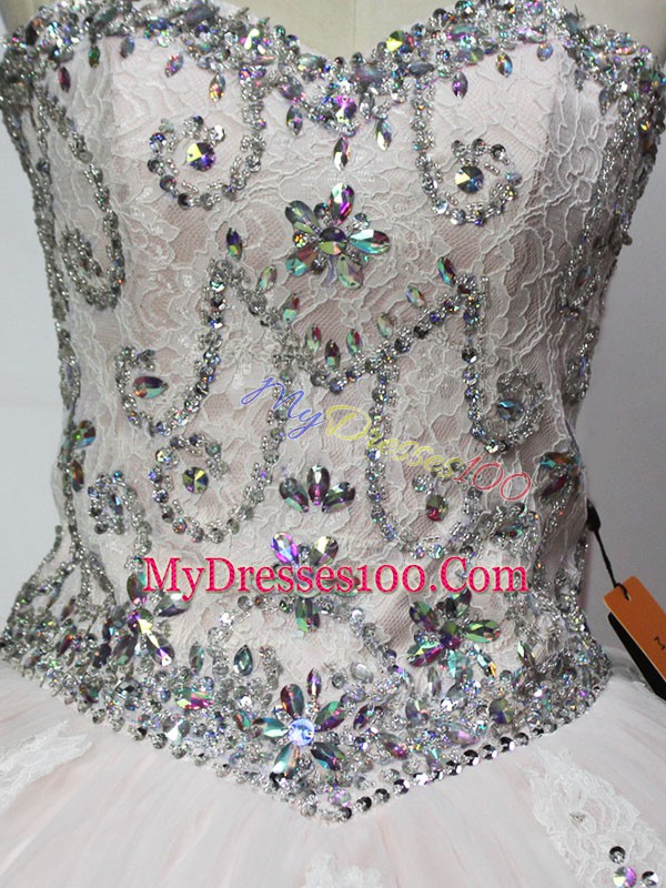 Fashion Sleeveless Tulle Floor Length Lace Up Sweet 16 Quinceanera Dress in White with Beading