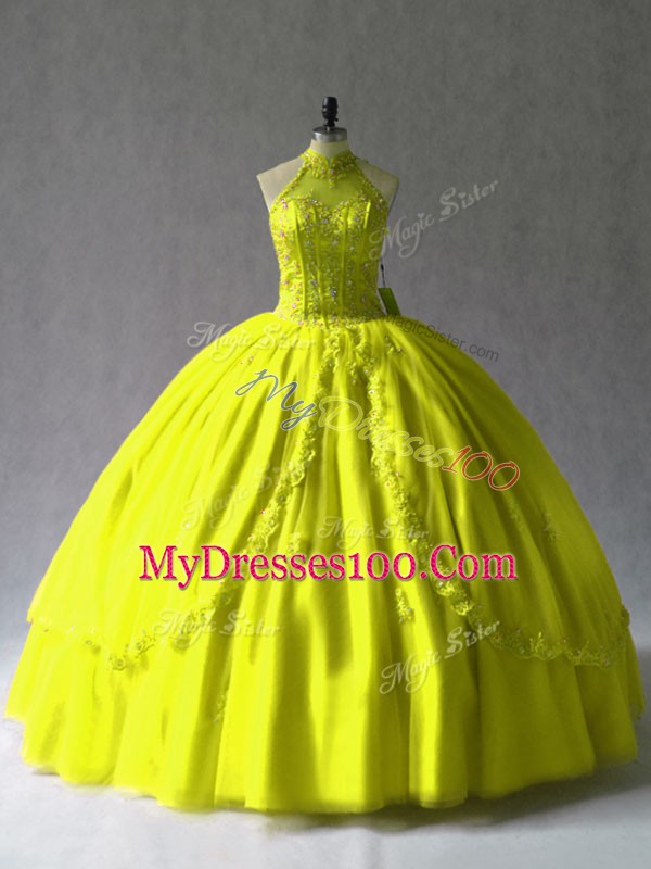 Admirable Yellow Green Ball Gowns Appliques Ball Gown Prom Dress Lace Up Tulle Sleeveless Floor Length