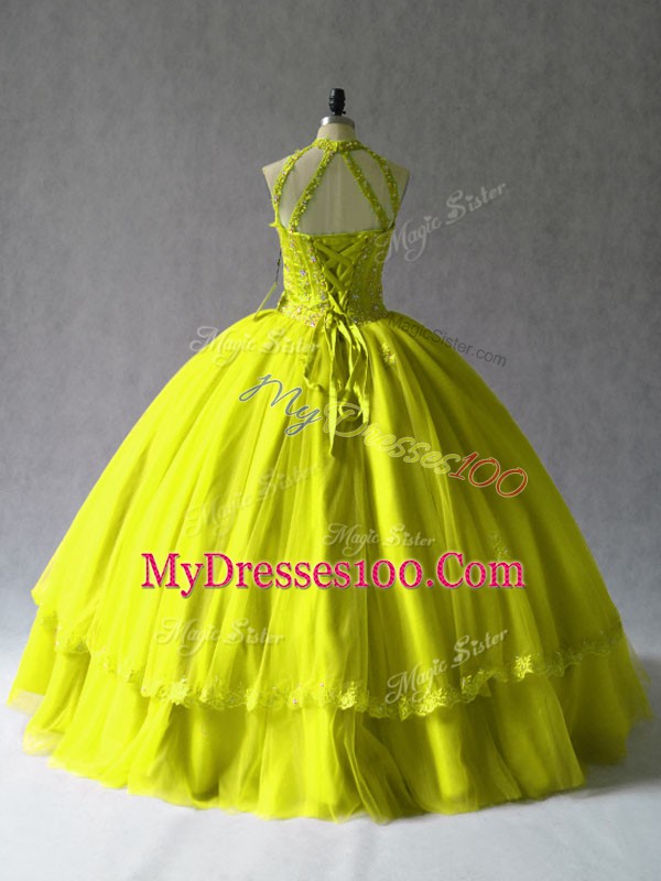 Admirable Yellow Green Ball Gowns Appliques Ball Gown Prom Dress Lace Up Tulle Sleeveless Floor Length