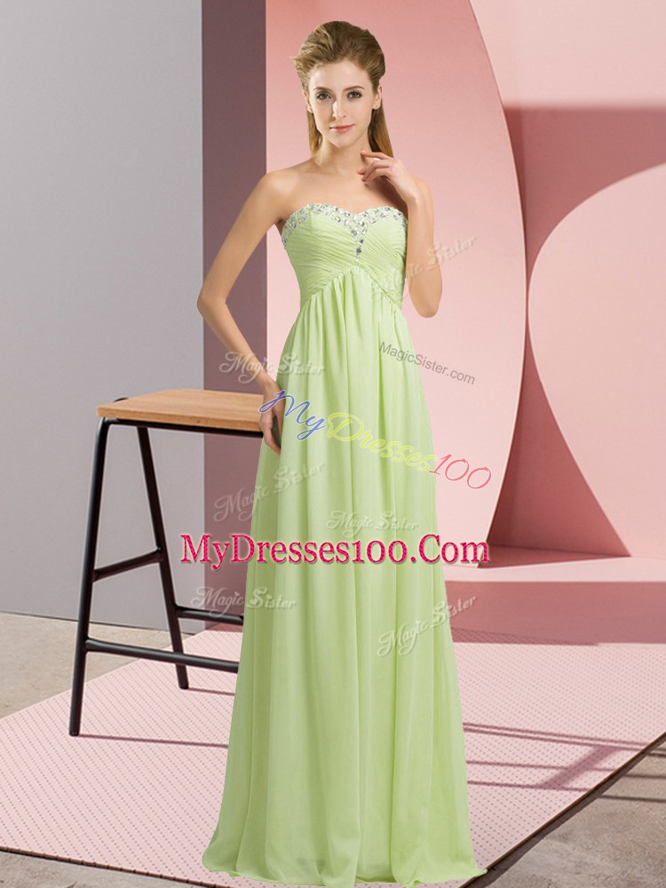 Attractive Sleeveless Floor Length Beading Lace Up Junior Homecoming Dress with Yellow Green
