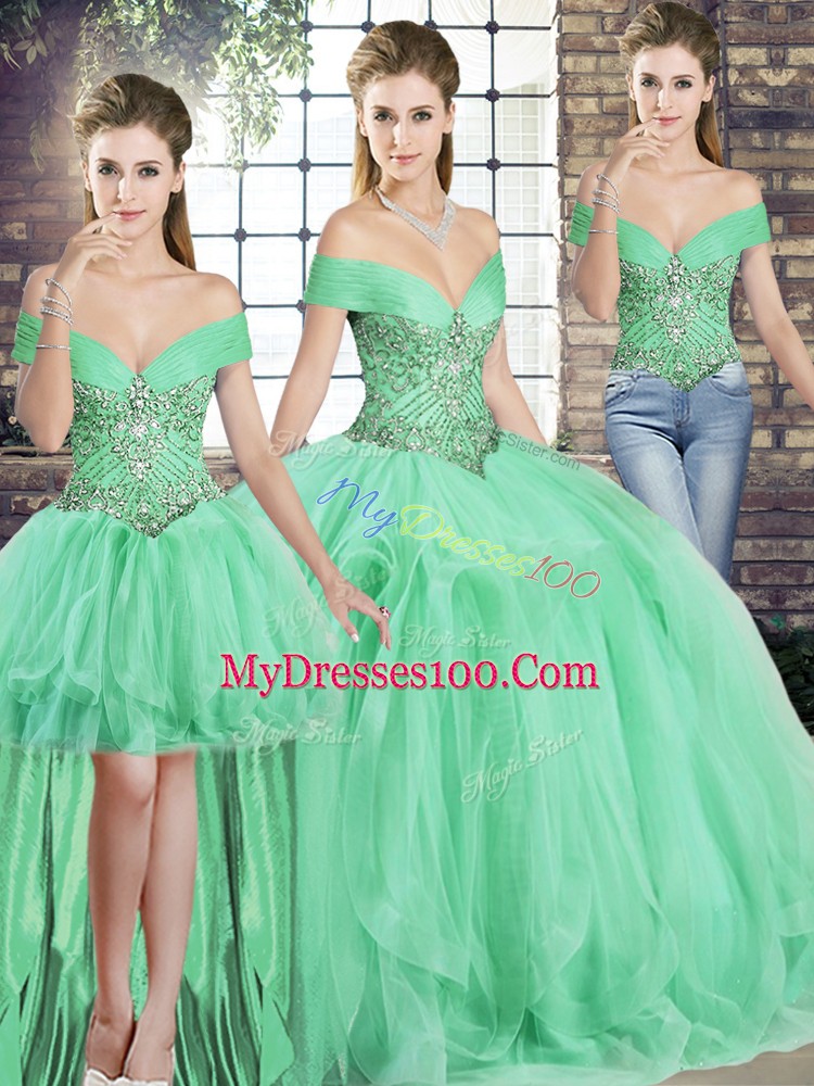 Spectacular Apple Green Quinceanera Dresses Military Ball and Sweet 16 and Quinceanera with Beading and Ruffles Off The Shoulder Sleeveless Lace Up