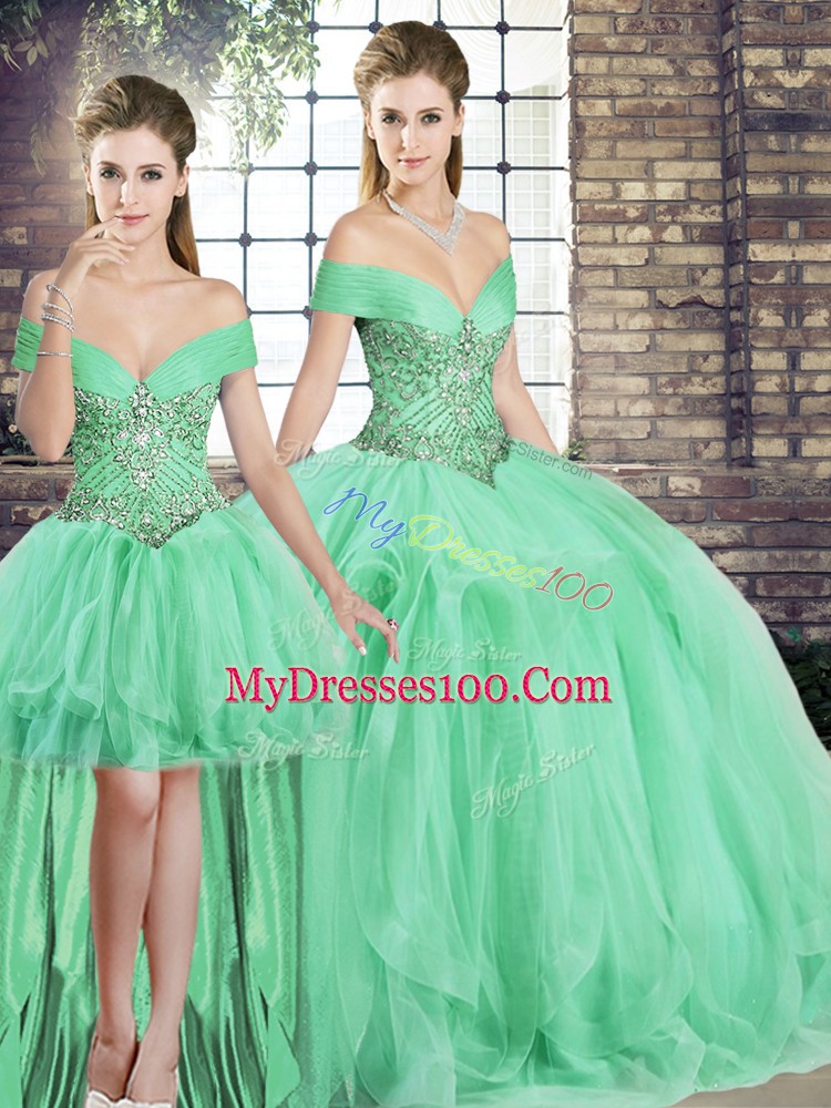 Spectacular Apple Green Quinceanera Dresses Military Ball and Sweet 16 and Quinceanera with Beading and Ruffles Off The Shoulder Sleeveless Lace Up