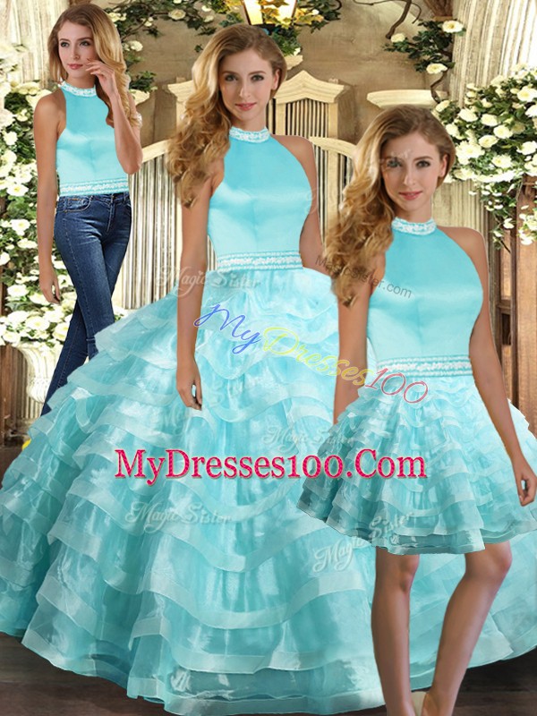 Aqua Blue Sleeveless Floor Length Ruffled Layers Backless Quinceanera Dresses