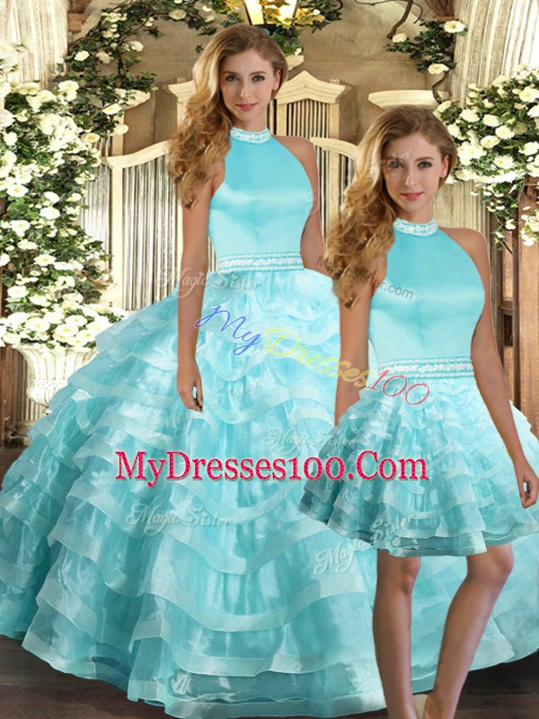 Aqua Blue Sleeveless Floor Length Ruffled Layers Backless Quinceanera Dresses