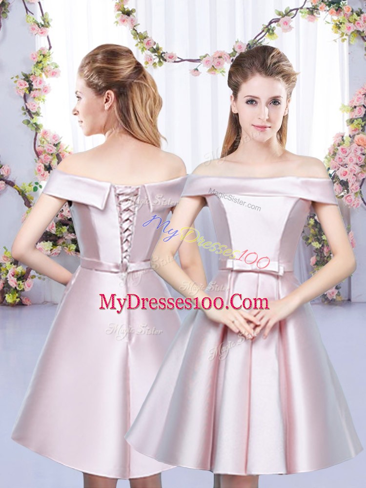 Satin Off The Shoulder Sleeveless Lace Up Bowknot Vestidos de Damas in Baby Pink