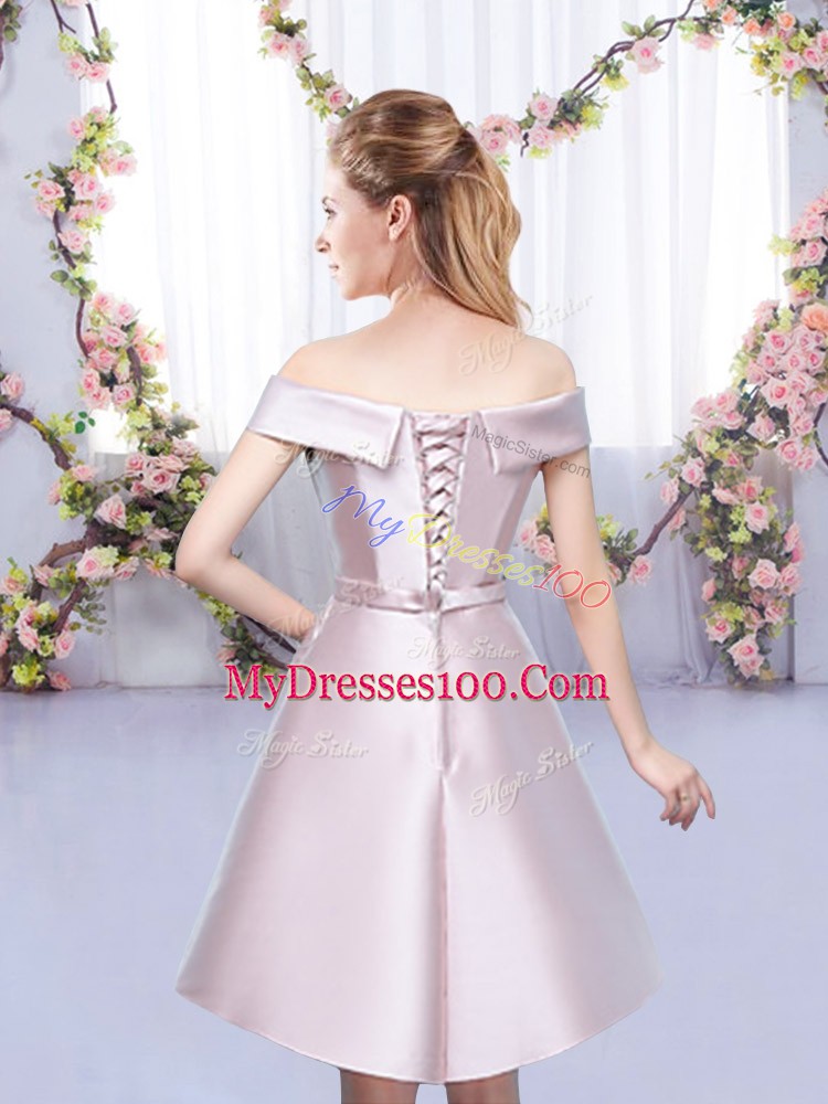 Satin Off The Shoulder Sleeveless Lace Up Bowknot Vestidos de Damas in Baby Pink