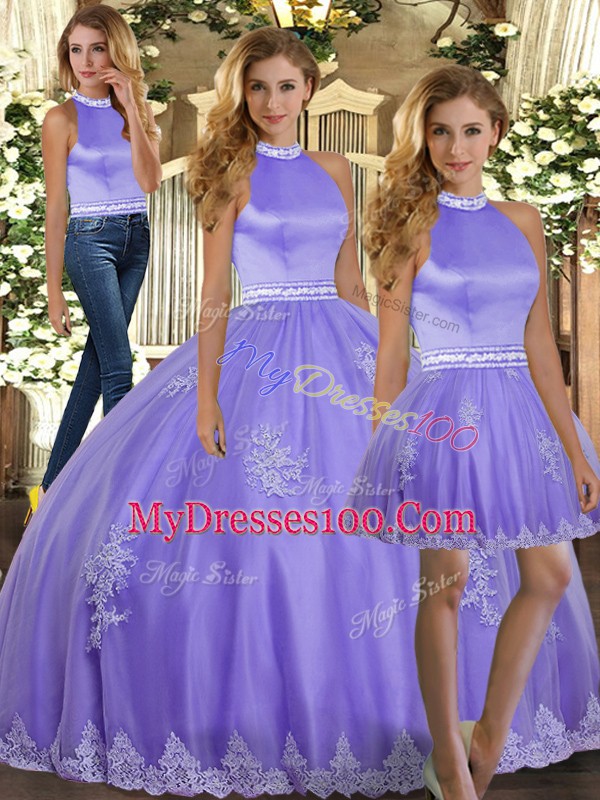 Fancy Lavender 15 Quinceanera Dress Sweet 16 and Quinceanera with Appliques Halter Top Sleeveless Backless