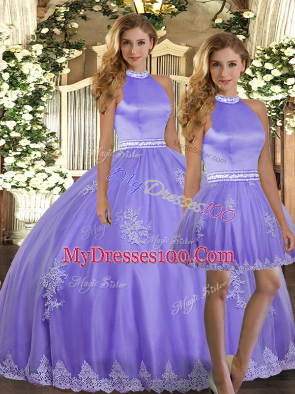 Fancy Lavender 15 Quinceanera Dress Sweet 16 and Quinceanera with Appliques Halter Top Sleeveless Backless