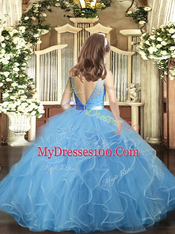 Best Watermelon Red Ball Gowns Lace and Ruffles Little Girls Pageant Dress Backless Tulle Sleeveless Floor Length