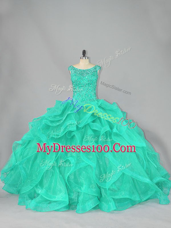 Scoop Sleeveless Organza Ball Gown Prom Dress Beading and Ruffles Lace Up