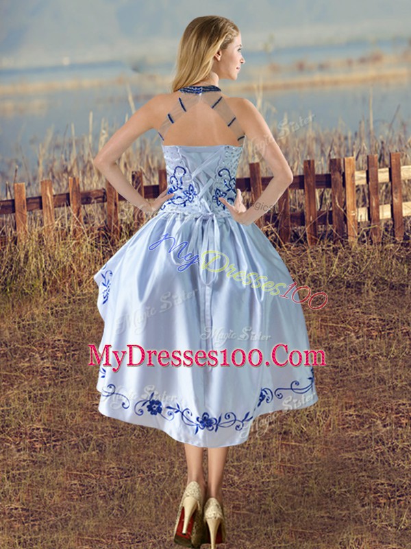 Inexpensive Lace Up Prom Evening Gown Blue And White for Prom and Party and Military Ball with Embroidery and Ruffles