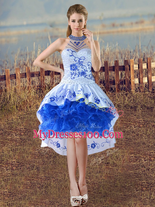 Inexpensive Lace Up Prom Evening Gown Blue And White for Prom and Party and Military Ball with Embroidery and Ruffles
