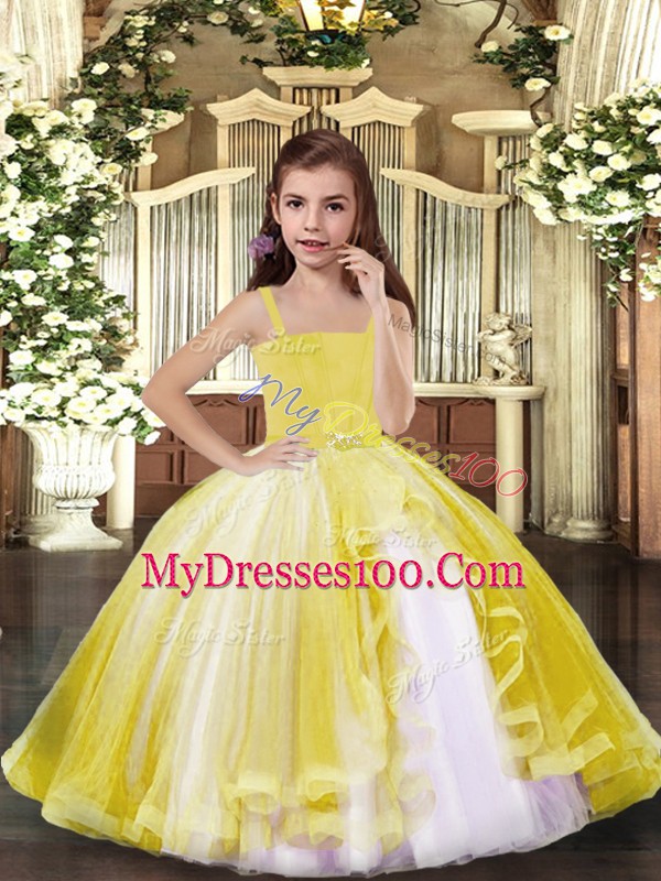 Customized Yellow Ball Gowns Tulle Straps Sleeveless Beading Floor Length Lace Up Little Girl Pageant Dress