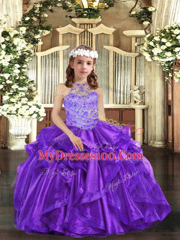 Purple Sleeveless Floor Length Beading and Ruffles Lace Up High School Pageant Dress