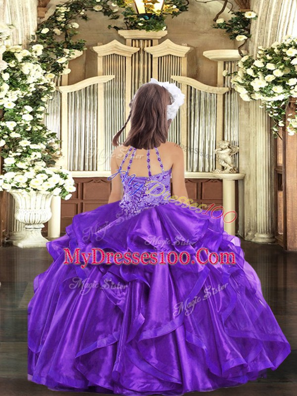 Purple Sleeveless Floor Length Beading and Ruffles Lace Up High School Pageant Dress