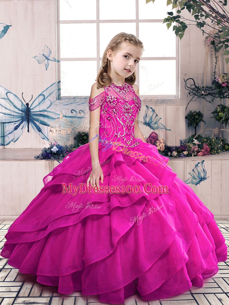 Floor Length Fuchsia Little Girls Pageant Dress Wholesale Halter Top Sleeveless Lace Up