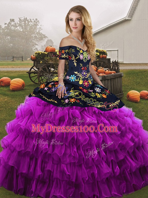 Free and Easy Black And Purple Sleeveless Floor Length Embroidery and Ruffled Layers Lace Up Quinceanera Gown