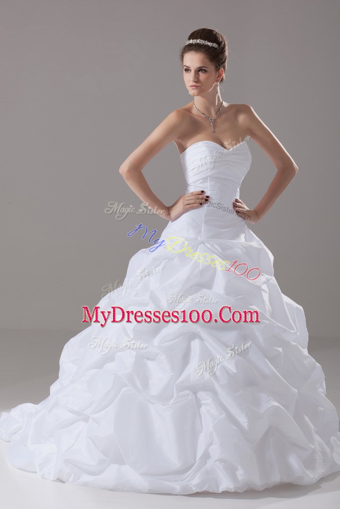Taffeta Sleeveless Wedding Gowns Brush Train and Pick Ups