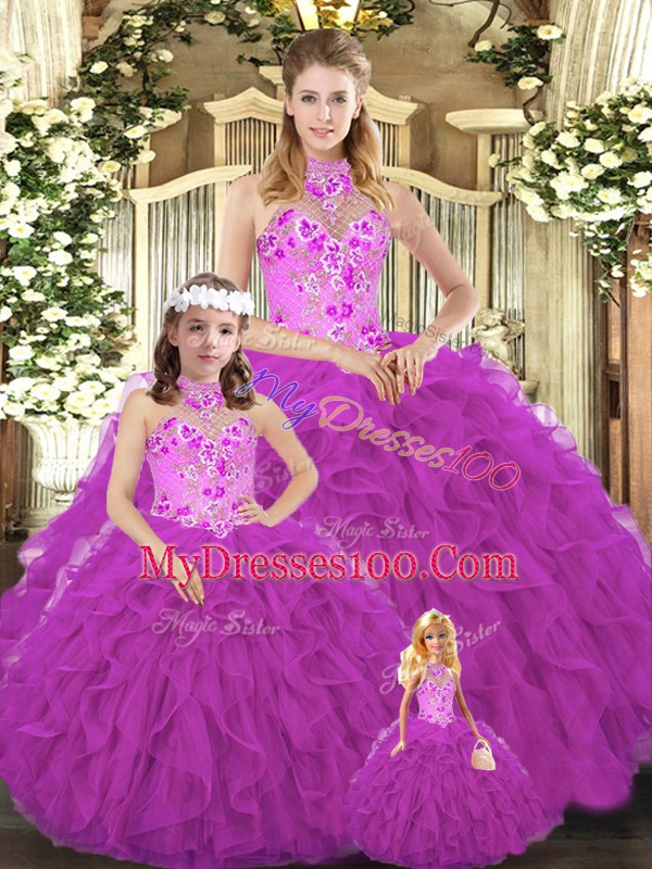 Spectacular Fuchsia Ball Gowns Embroidery and Ruffles Quinceanera Dress Lace Up Tulle Sleeveless Floor Length