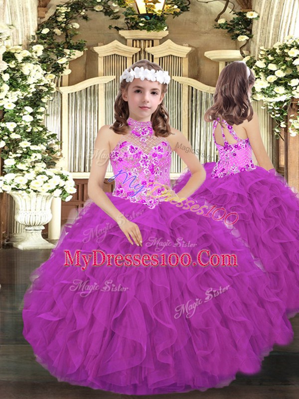 Spectacular Fuchsia Ball Gowns Embroidery and Ruffles Quinceanera Dress Lace Up Tulle Sleeveless Floor Length