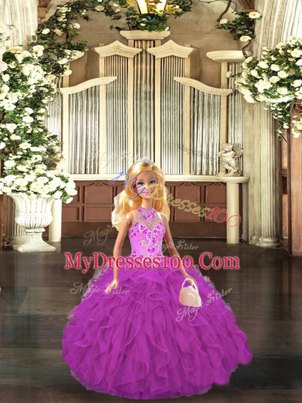 Spectacular Fuchsia Ball Gowns Embroidery and Ruffles Quinceanera Dress Lace Up Tulle Sleeveless Floor Length