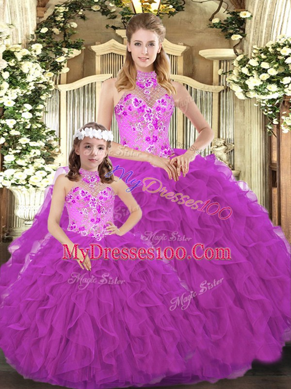 Spectacular Fuchsia Ball Gowns Embroidery and Ruffles Quinceanera Dress Lace Up Tulle Sleeveless Floor Length