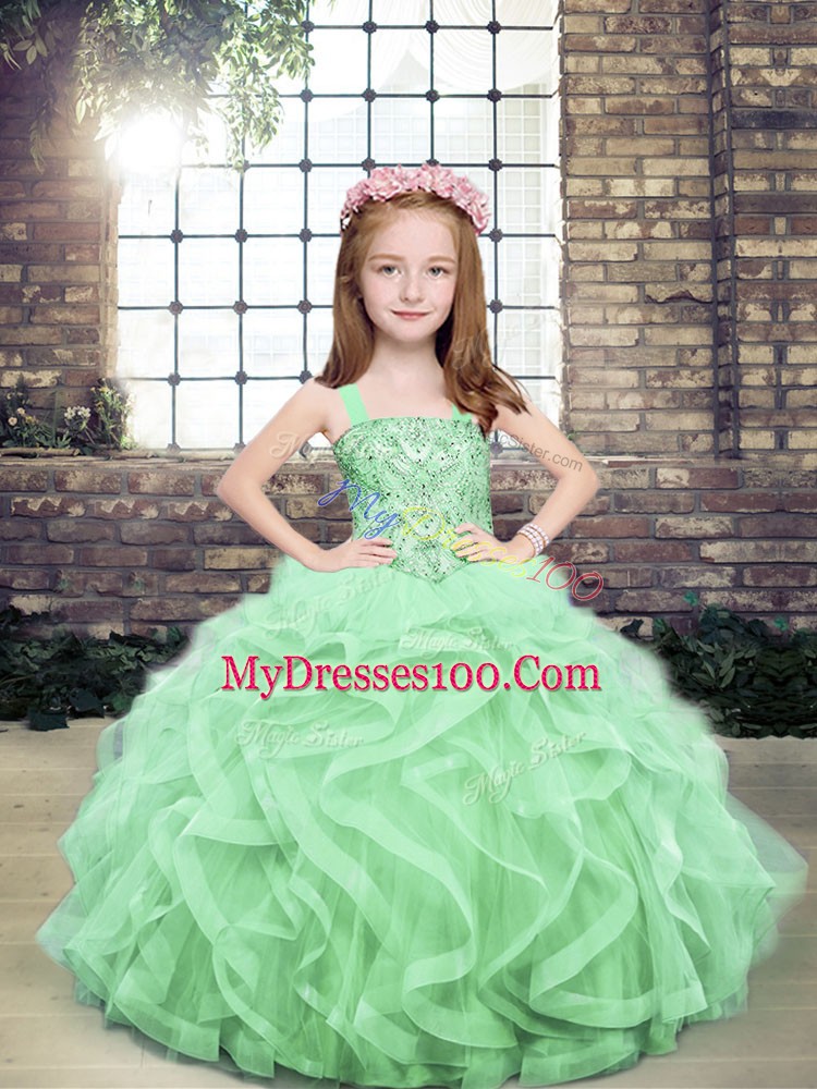 Apple Green Straps Neckline Beading and Ruffles Kids Pageant Dress Sleeveless Lace Up