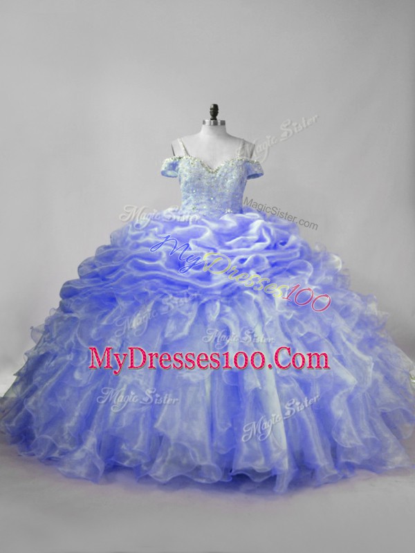 Lavender and Purple Ball Gown Prom Dress For with Beading and Ruffles and Pick Ups Straps Sleeveless Brush Train Lace Up
