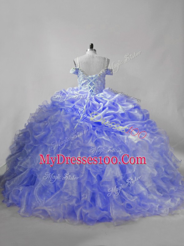 Lavender and Purple Ball Gown Prom Dress For with Beading and Ruffles and Pick Ups Straps Sleeveless Brush Train Lace Up