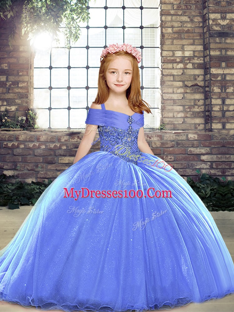 Blue Tulle Lace Up Little Girls Pageant Dress Wholesale Sleeveless Brush Train Beading