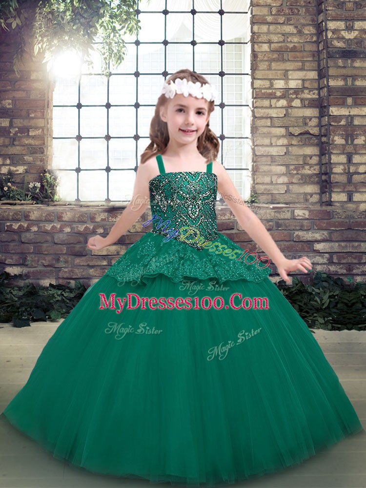 Green Ball Gowns Straps Sleeveless Tulle Floor Length Lace Up Beading Custom Made Pageant Dress