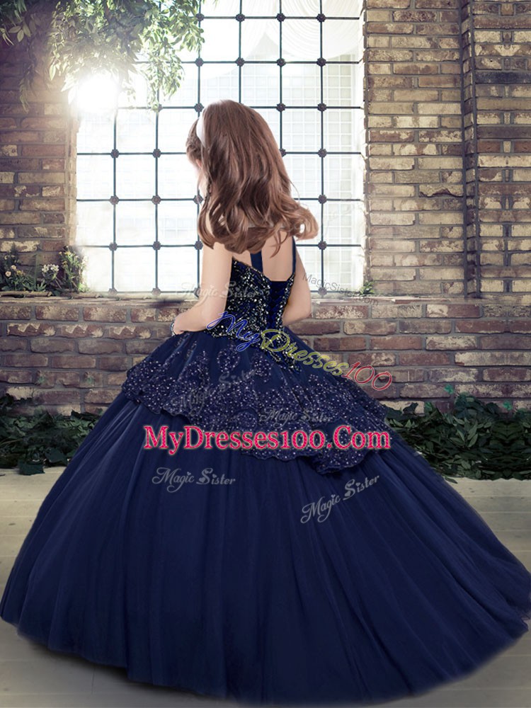 Green Ball Gowns Straps Sleeveless Tulle Floor Length Lace Up Beading Custom Made Pageant Dress