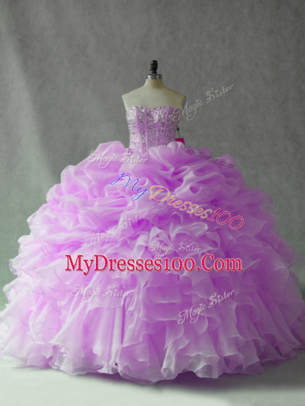 Sleeveless Brush Train Lace Up Beading and Ruffles and Pick Ups Sweet 16 Dresses