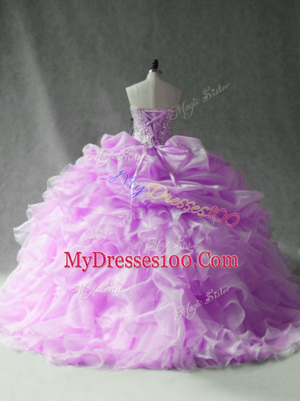 Sleeveless Brush Train Lace Up Beading and Ruffles and Pick Ups Sweet 16 Dresses