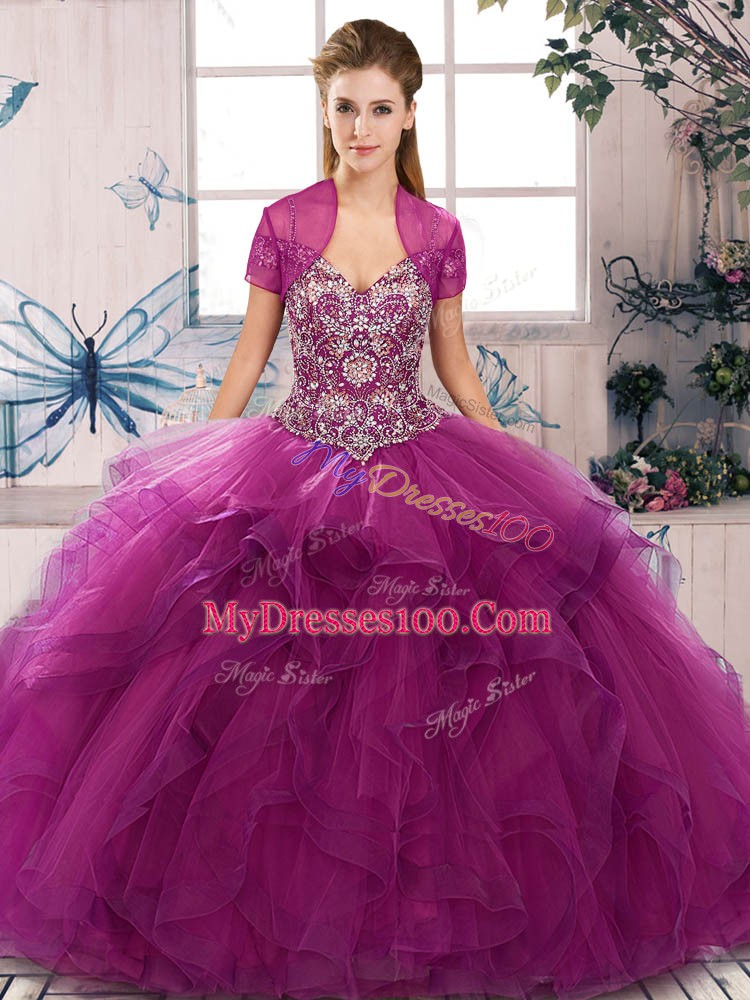 Fuchsia Ball Gowns Tulle Off The Shoulder Sleeveless Beading and Ruffles Floor Length Lace Up 15th Birthday Dress