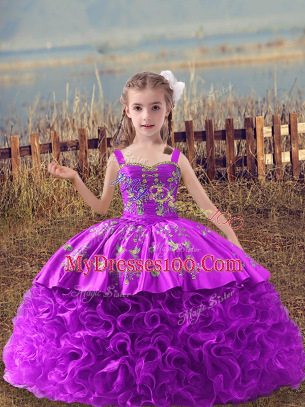 Enchanting Lilac Fabric With Rolling Flowers Lace Up Straps Sleeveless Glitz Pageant Dress Sweep Train Embroidery